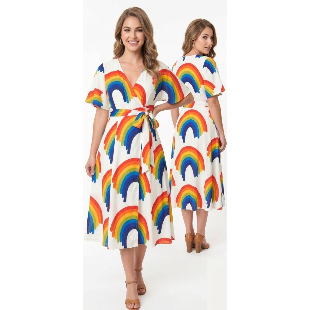 Size 6/8 Medium NWT Deadstock Unique Vintage White Rainbow Wrap Midi Dress